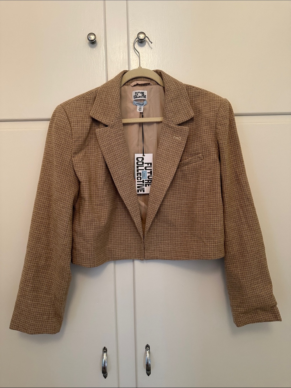 NWT Future Collective Cropped Tan Checkered Blazer